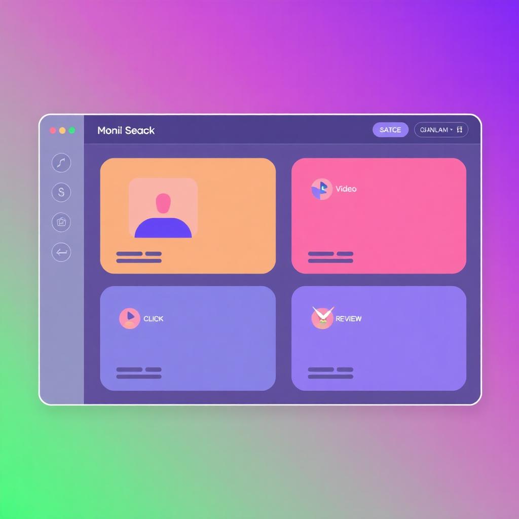 Dashboard mockup showing minitask categories: video, follow, click, review