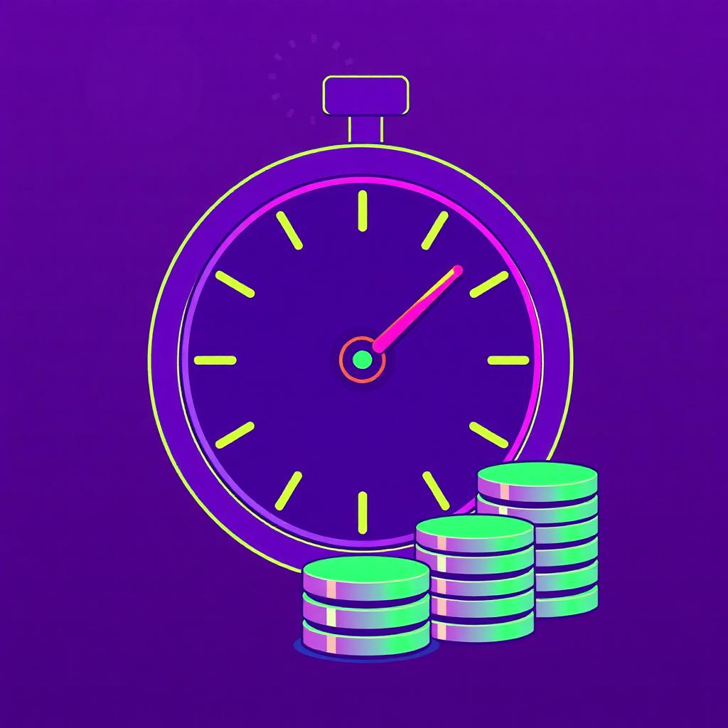 Stopwatch with stacks of coins showing quick earnings