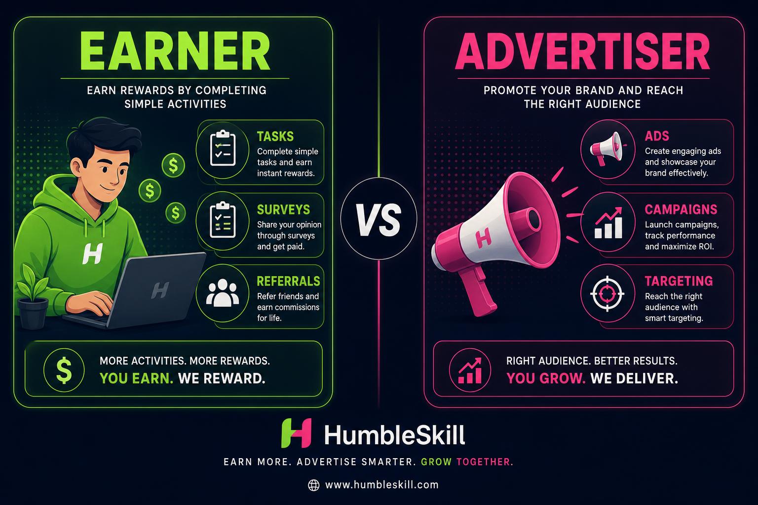 Earner versus Advertiser illustration on HumbleSkill