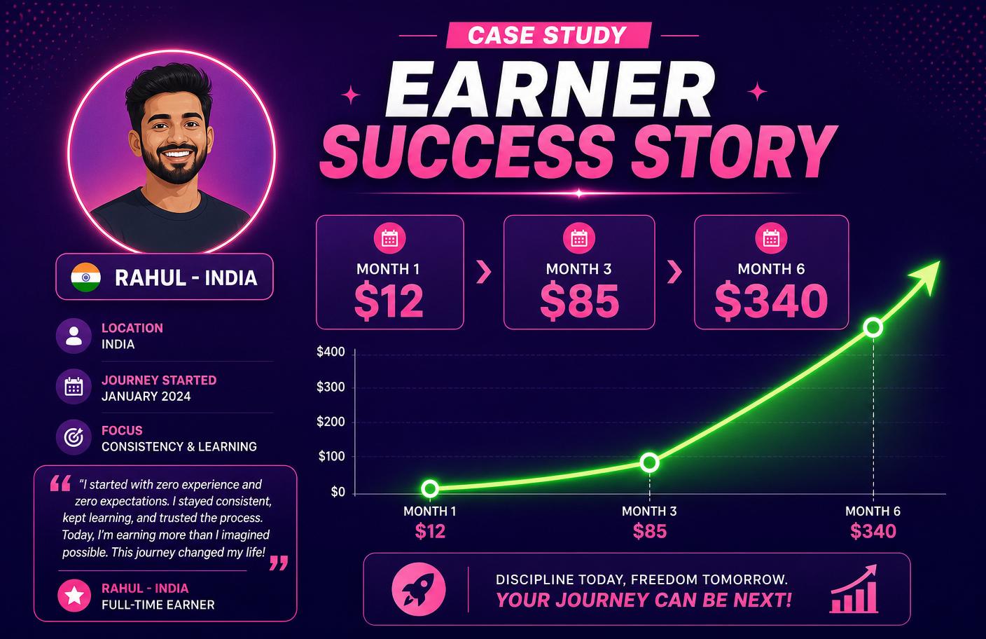 Earner Success Story case study - Rahul from India earned 12 dollars month 1, 85 dollars month 3, 340 dollars month 6 on HumbleSkill