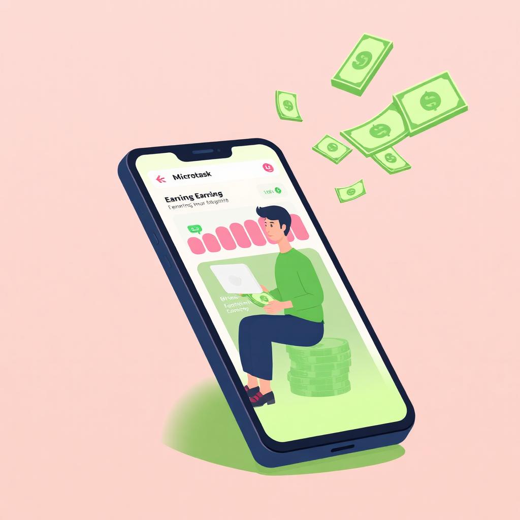 Smartphone showing a microtask earnings dashboard with dollar bills