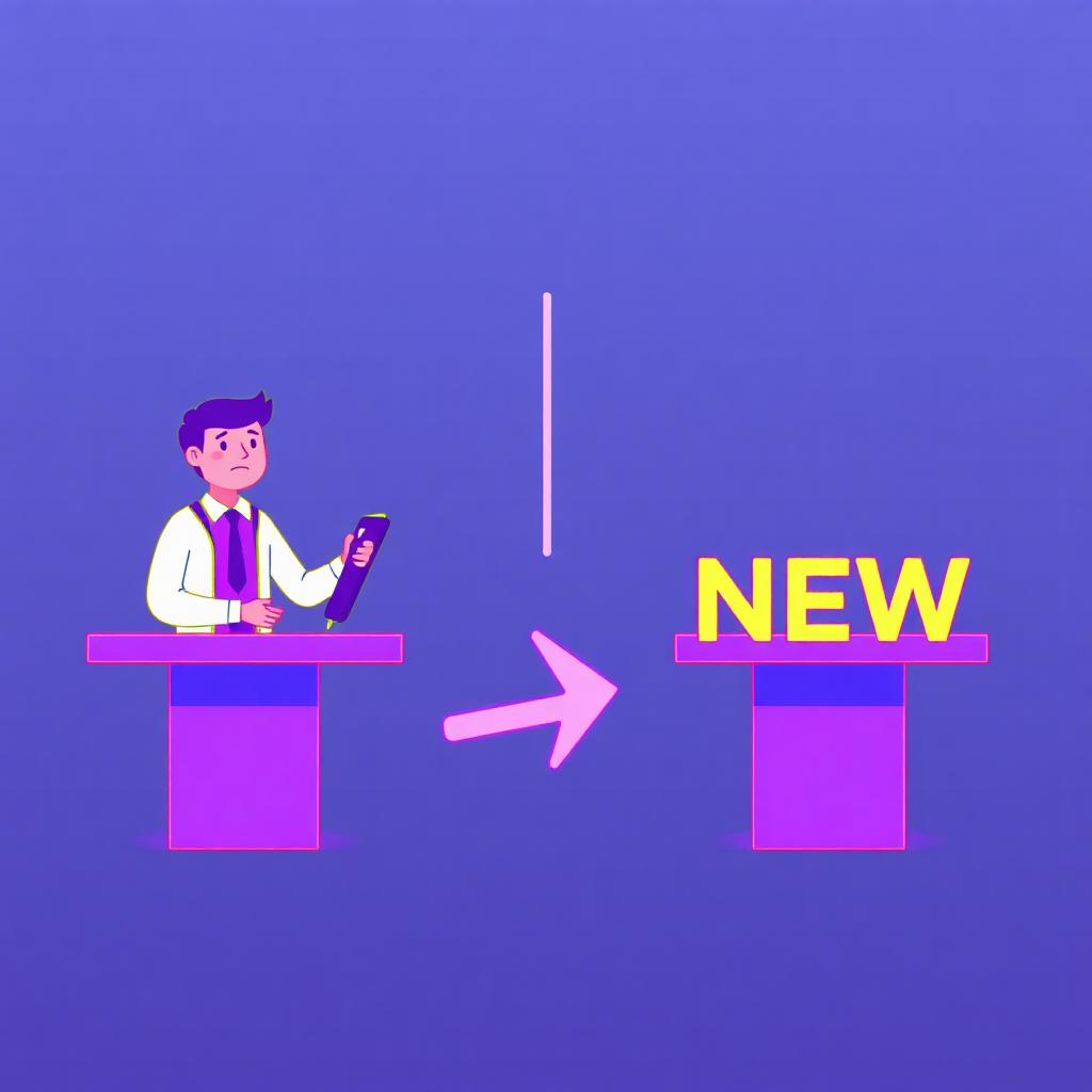Illustration of a worker moving from an old platform desk to a new one with an arrow